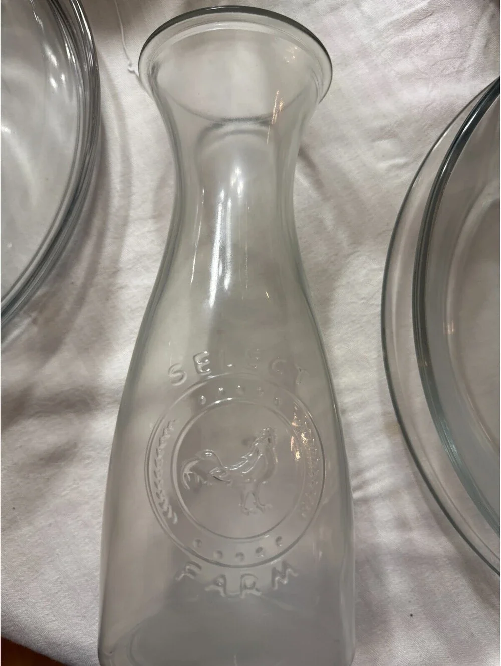 Select Farm Embossed Rooster Glass Carafe Milk Bottle Farmhouse Pitcher Decanter